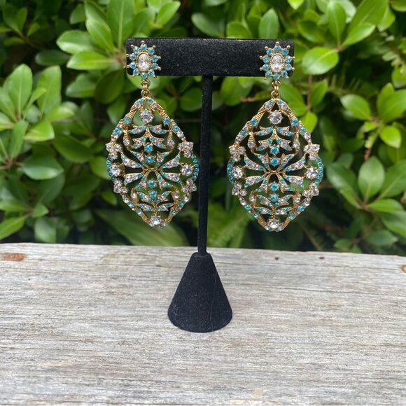 Gold & Blue Sparkly Rhinestone Dangle Statement Post Earrings Date Night Party - Picture 2 of 4